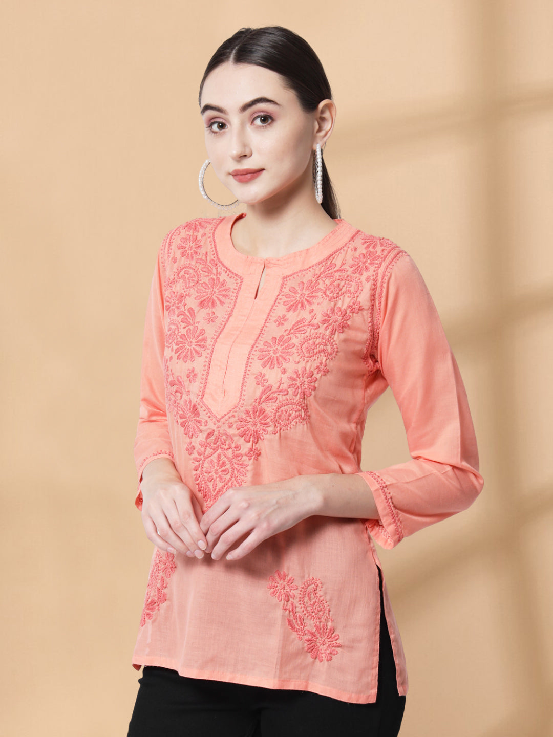 Hand Embroidered Chikankari Cotton Straight Kurti-AL3405 Peach