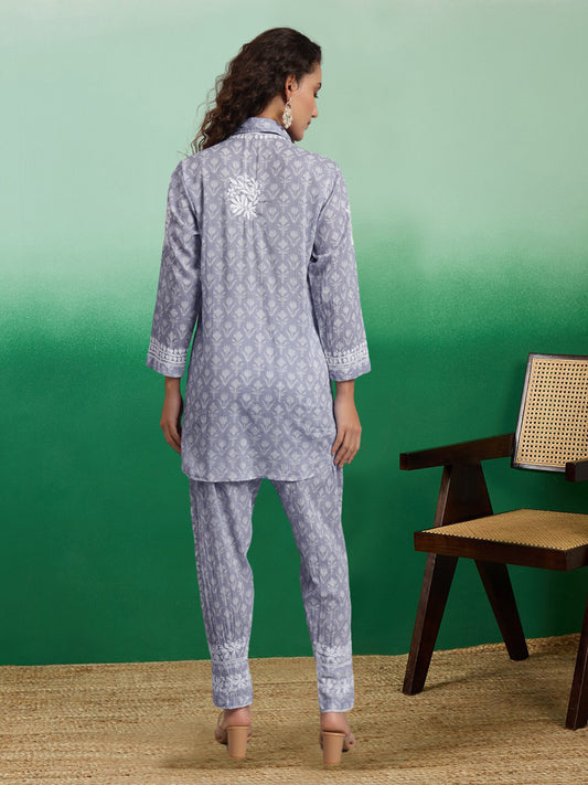 Women Chikankari Printed Mulmul Co-Ord Set for Women-AL4054 Grey