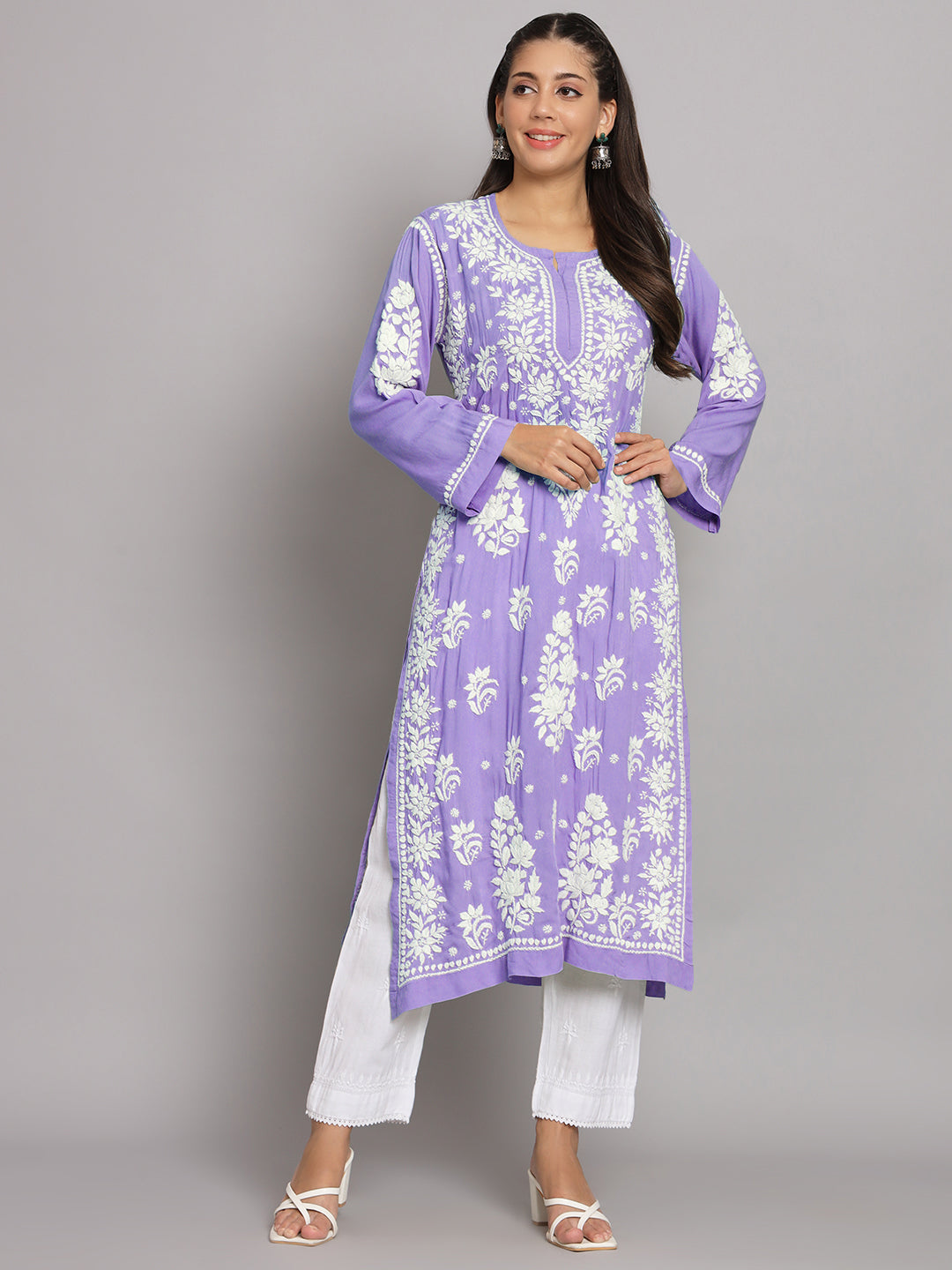 Hand Embroidered Chikankari Modal Straight Kurta-AL3682 Mauve