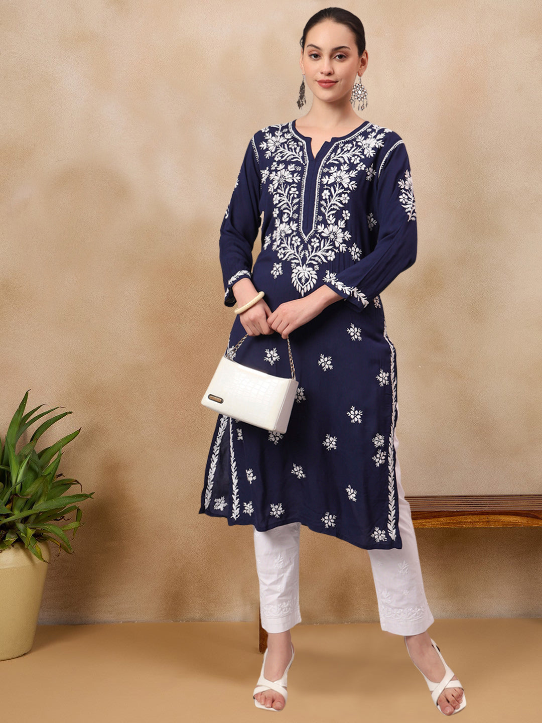 Women Hand Embroidered Chikankari Modal Kurta-AL4059 Navy
