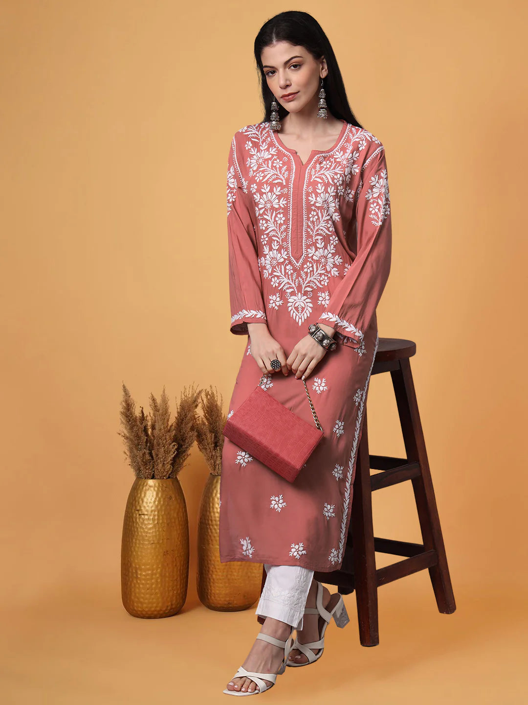 Women Hand Embroidered Chikankari Modal Kurta-AL4059 Rust