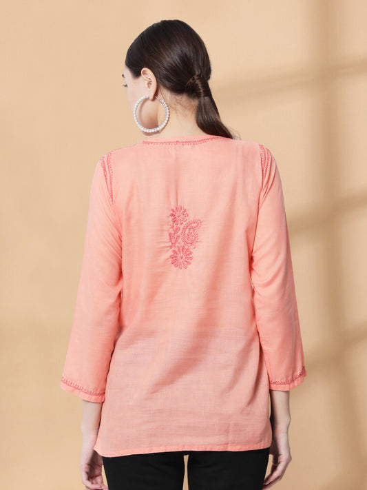 Hand Embroidered Chikankari Cotton Straight Kurti-AL3405 Peach