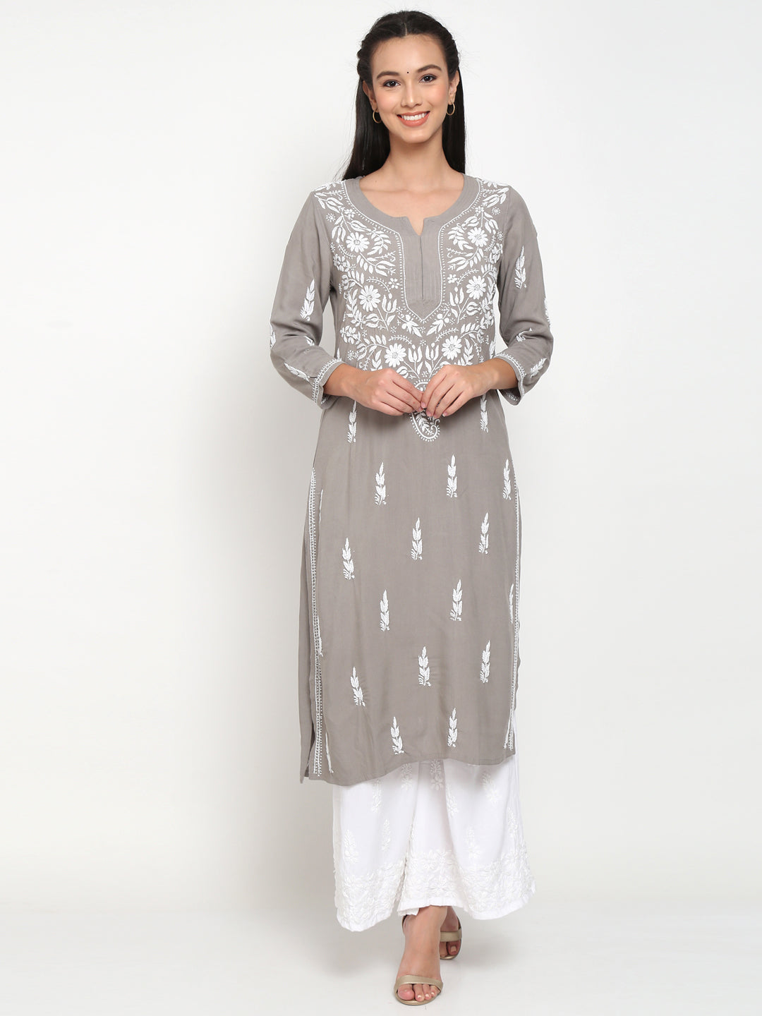 Hand Embroidered Chikankari Rayon Straight Kurta-AL3451 Grey