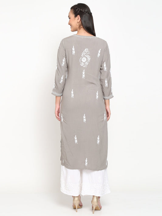 Hand Embroidered Chikankari Rayon Straight Kurta-AL3451 Grey