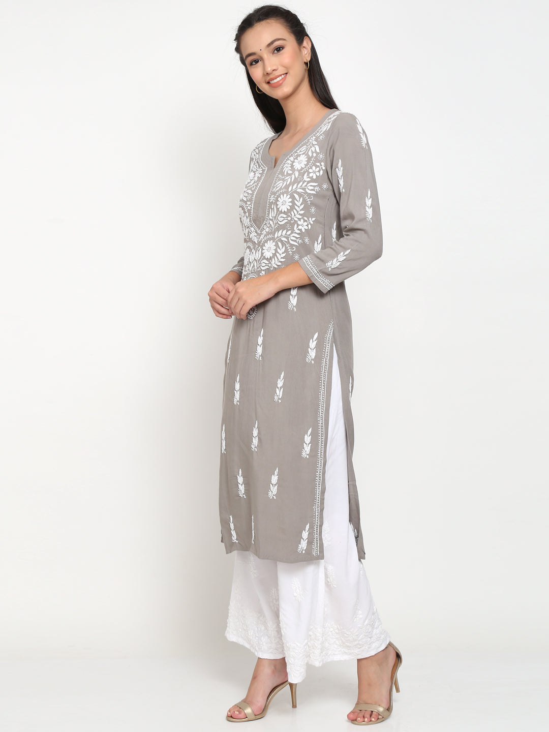 Hand Embroidered Chikankari Rayon Straight Kurta-AL3451 Grey
