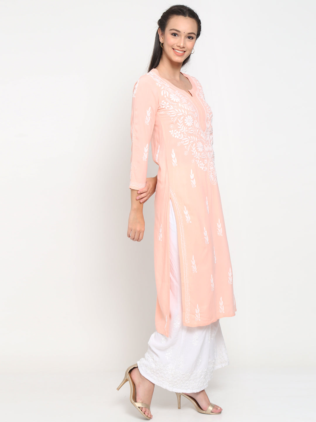 Hand Embroidered Chikankari Rayon Straight Kurta-AL3451 Peach