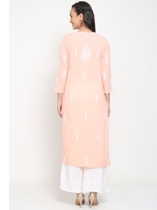 Hand Embroidered Chikankari Rayon Straight Kurta-AL3451 Peach