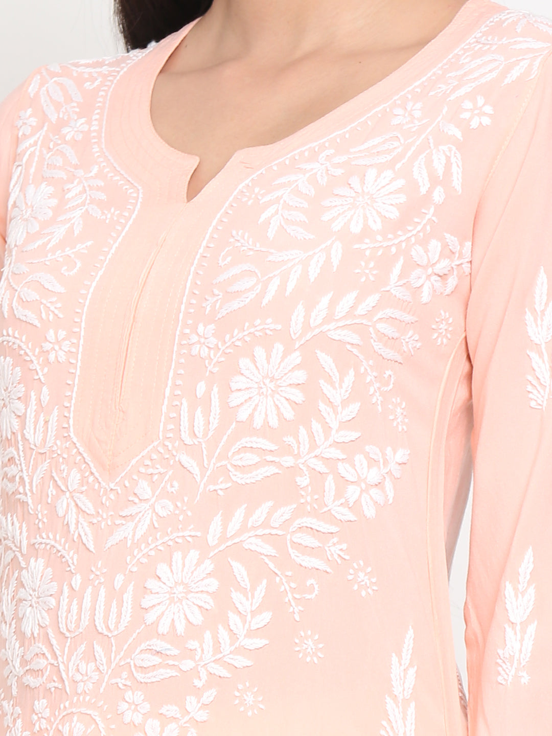 Hand Embroidered Chikankari Rayon Straight Kurta-AL3451 Peach