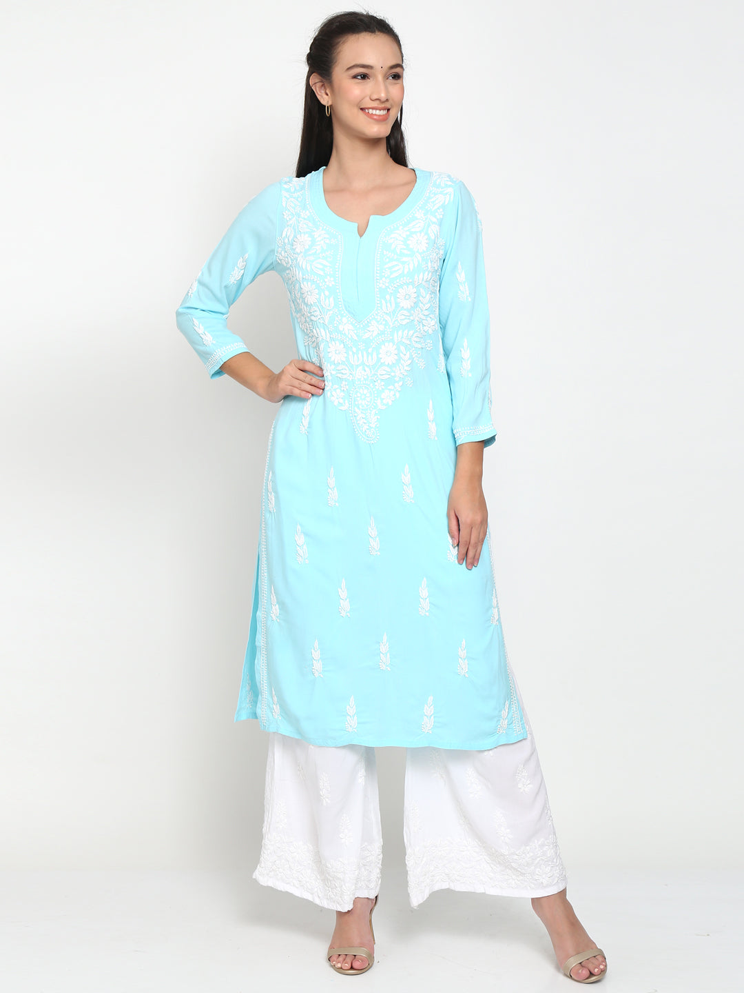 Hand Embroidered Chikankari Rayon Straight Kurta-AL3451 Blue