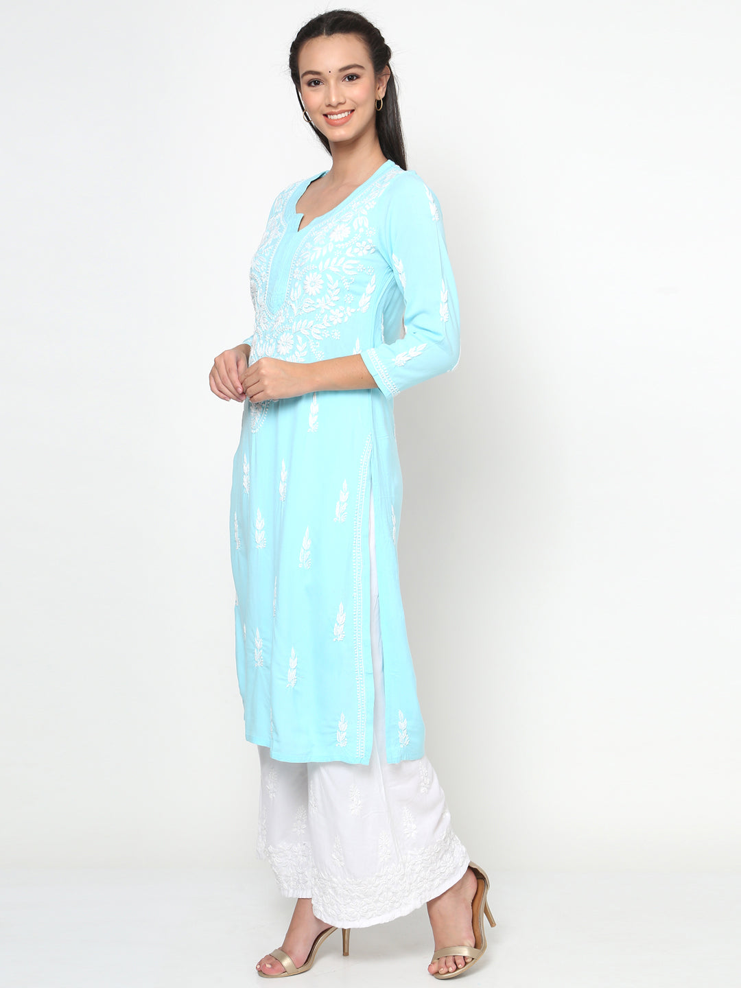 Hand Embroidered Chikankari Rayon Straight Kurta-AL3451 Blue