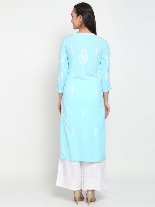 Hand Embroidered Chikankari Rayon Straight Kurta-AL3451 Blue