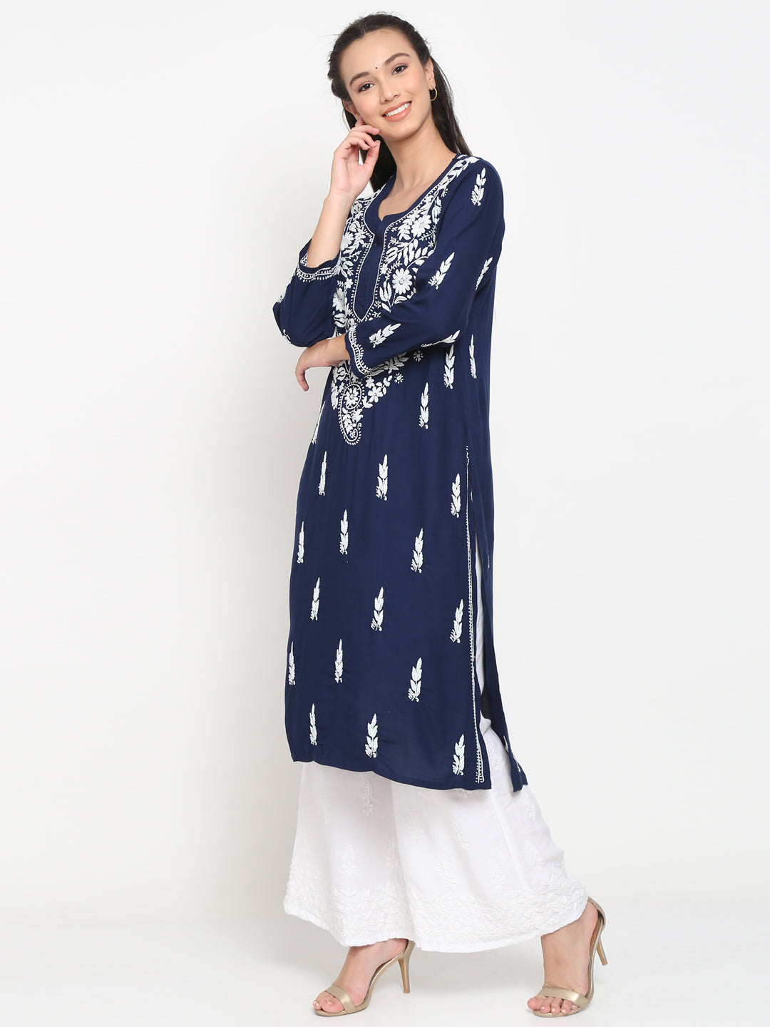 Hand Embroidered Chikankari Rayon Straight Kurta-AL3451 Navy