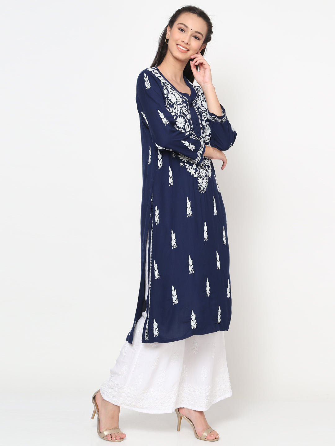 Hand Embroidered Chikankari Rayon Straight Kurta-AL3451 Navy