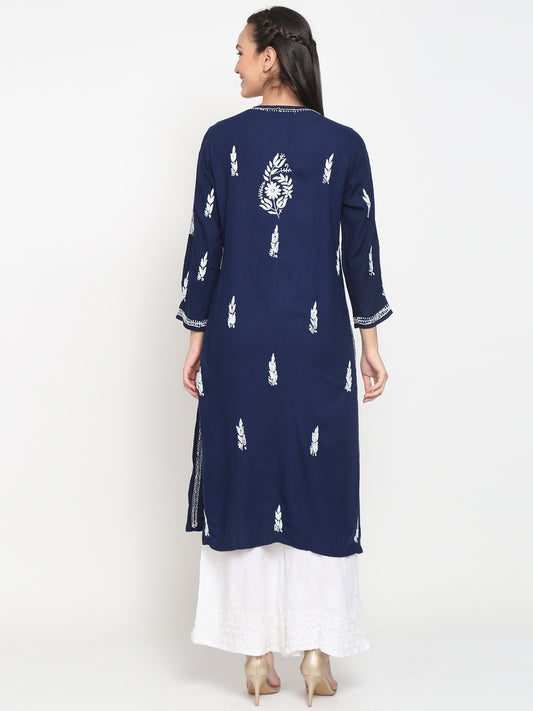 Hand Embroidered Chikankari Rayon Straight Kurta-AL3451 Navy