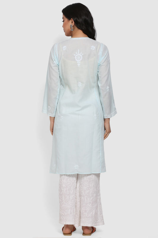 Hand Embroidered Chikankari Cotton Straight Kurta --ALNTV115 Lightblue