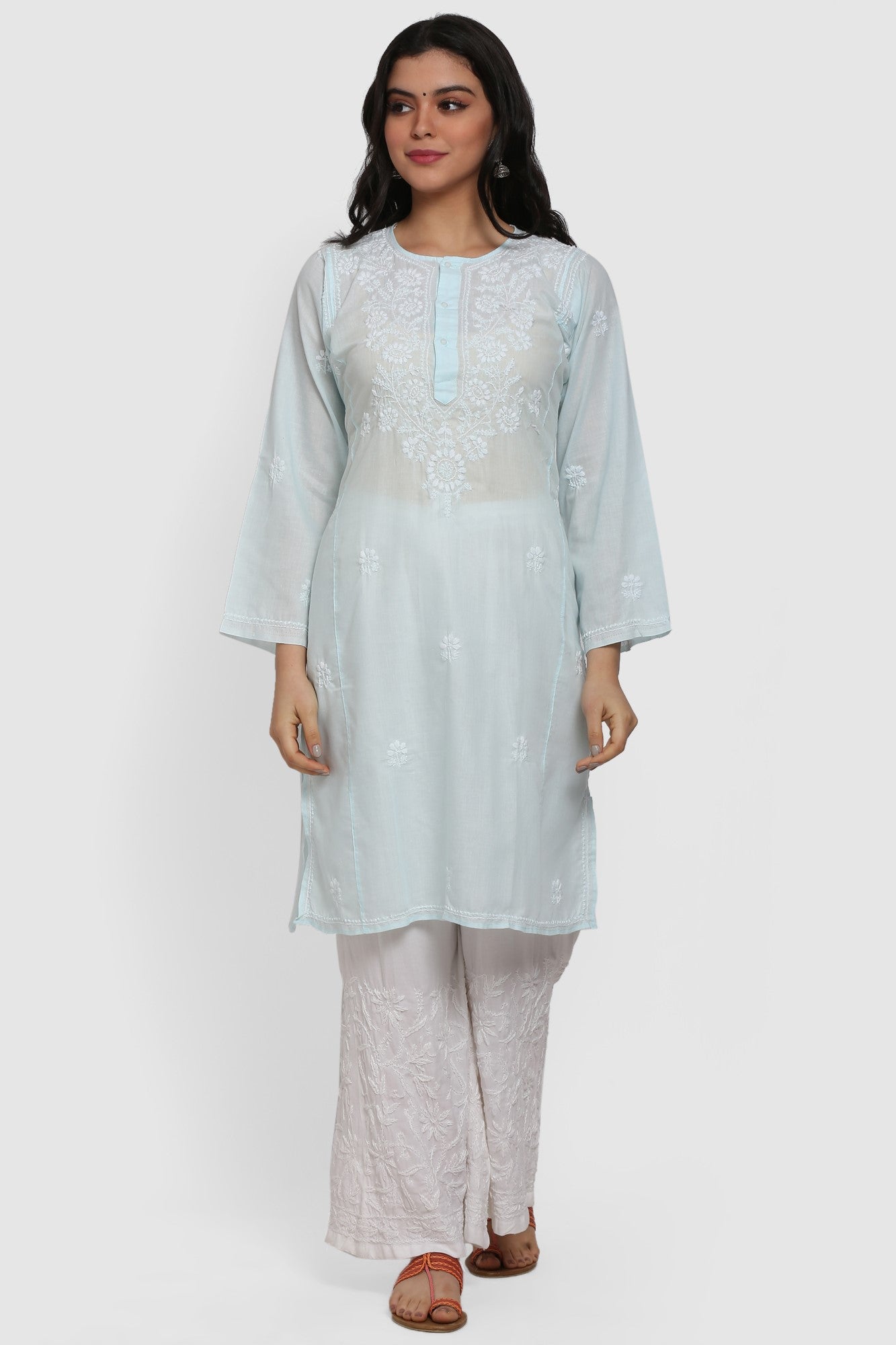 Hand Embroidered Chikankari Cotton Straight Kurta --ALNTV115 Lightblue