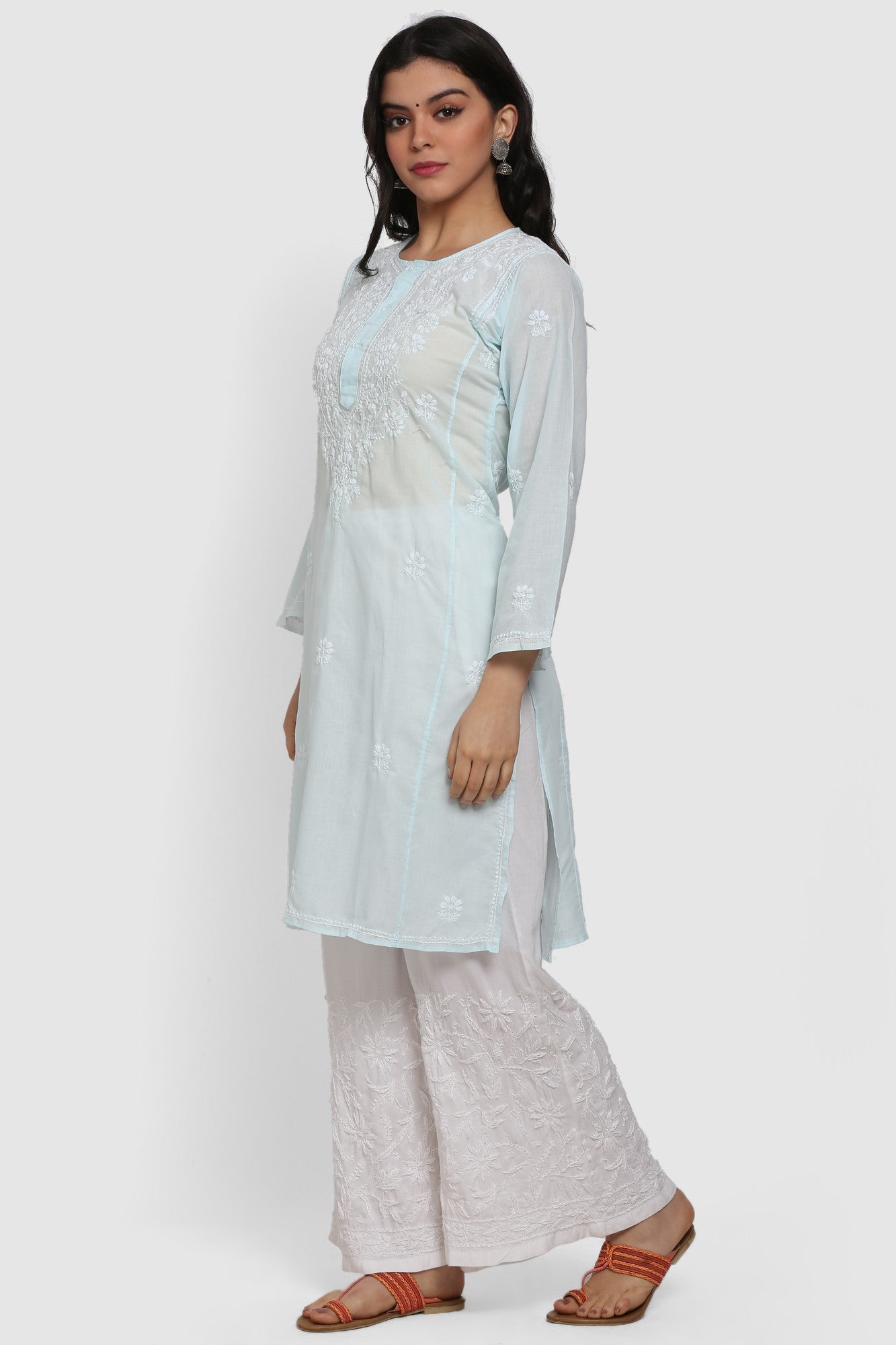 Hand Embroidered Chikankari Cotton Straight Kurta --ALNTV115 Lightblue
