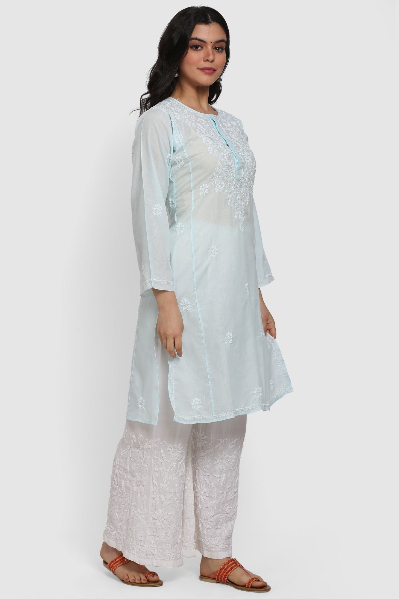 Hand Embroidered Chikankari Cotton Straight Kurta --ALNTV115 Lightblue
