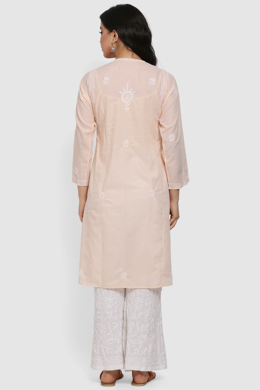 Hand Embroidered Chikankari Cotton Straight Kurta --ALNTV115 Lightpeach