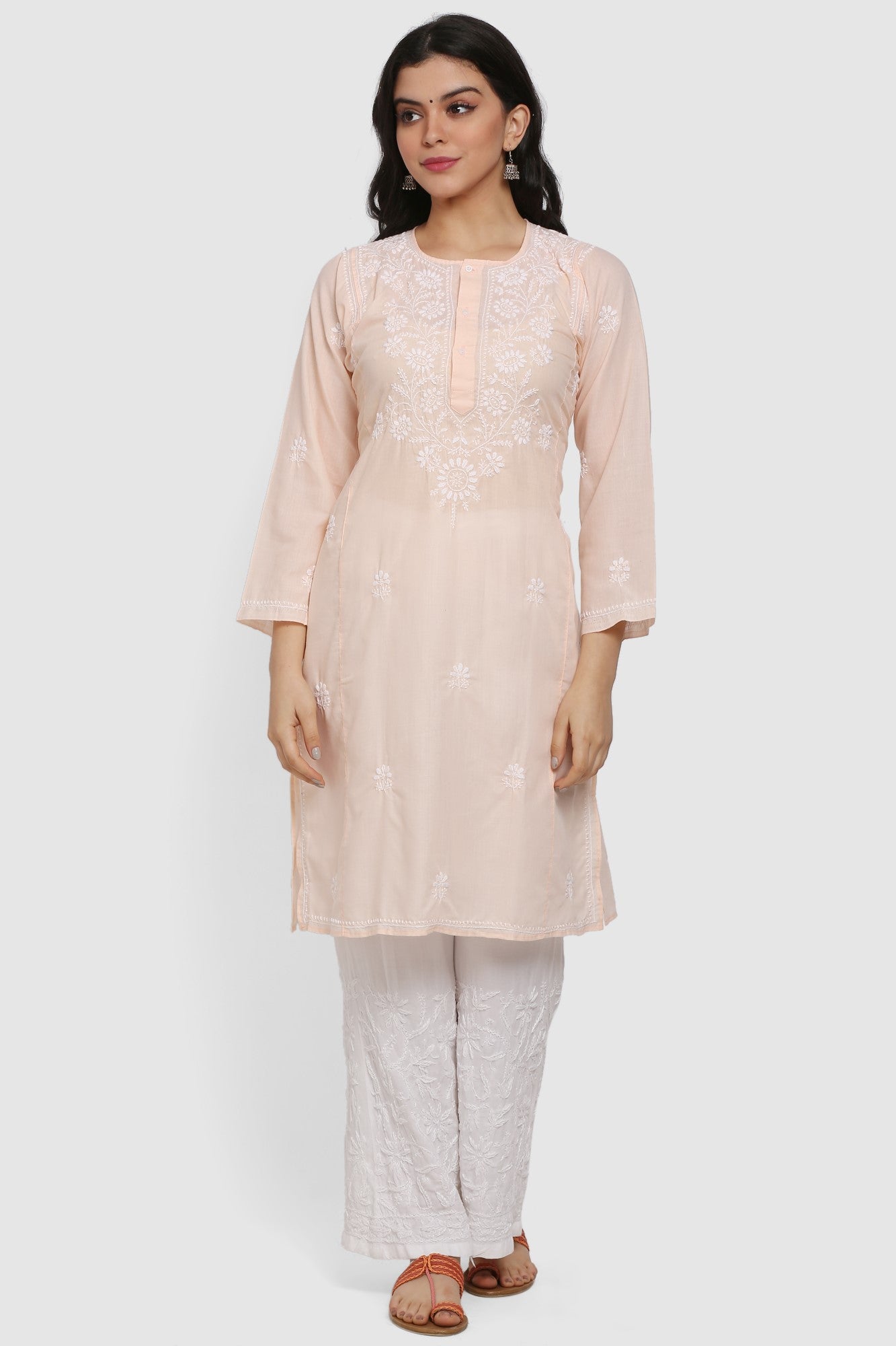 Hand Embroidered Chikankari Cotton Straight Kurta --ALNTV115 Lightpeach