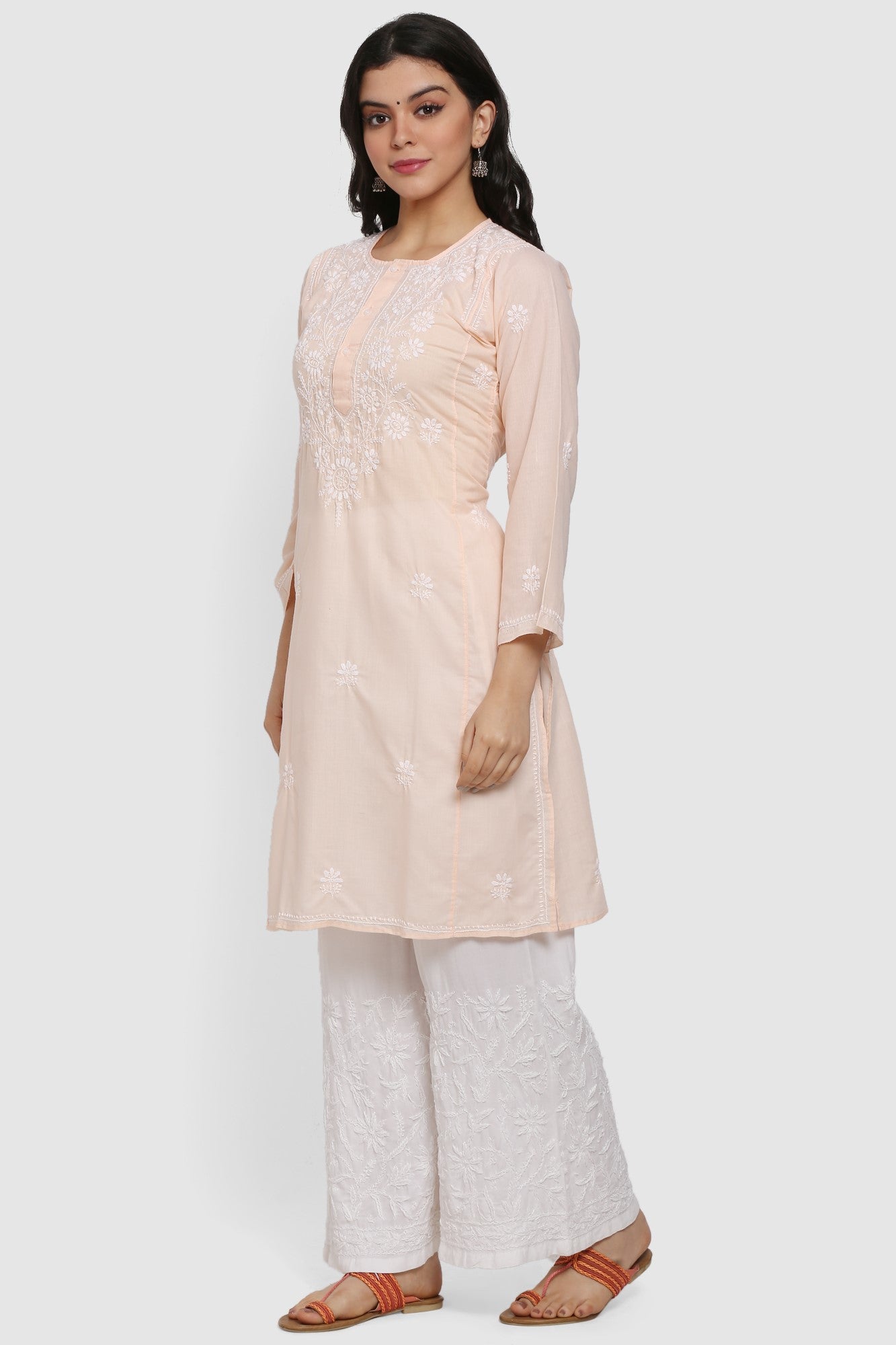 Hand Embroidered Chikankari Cotton Straight Kurta --ALNTV115 Lightpeach