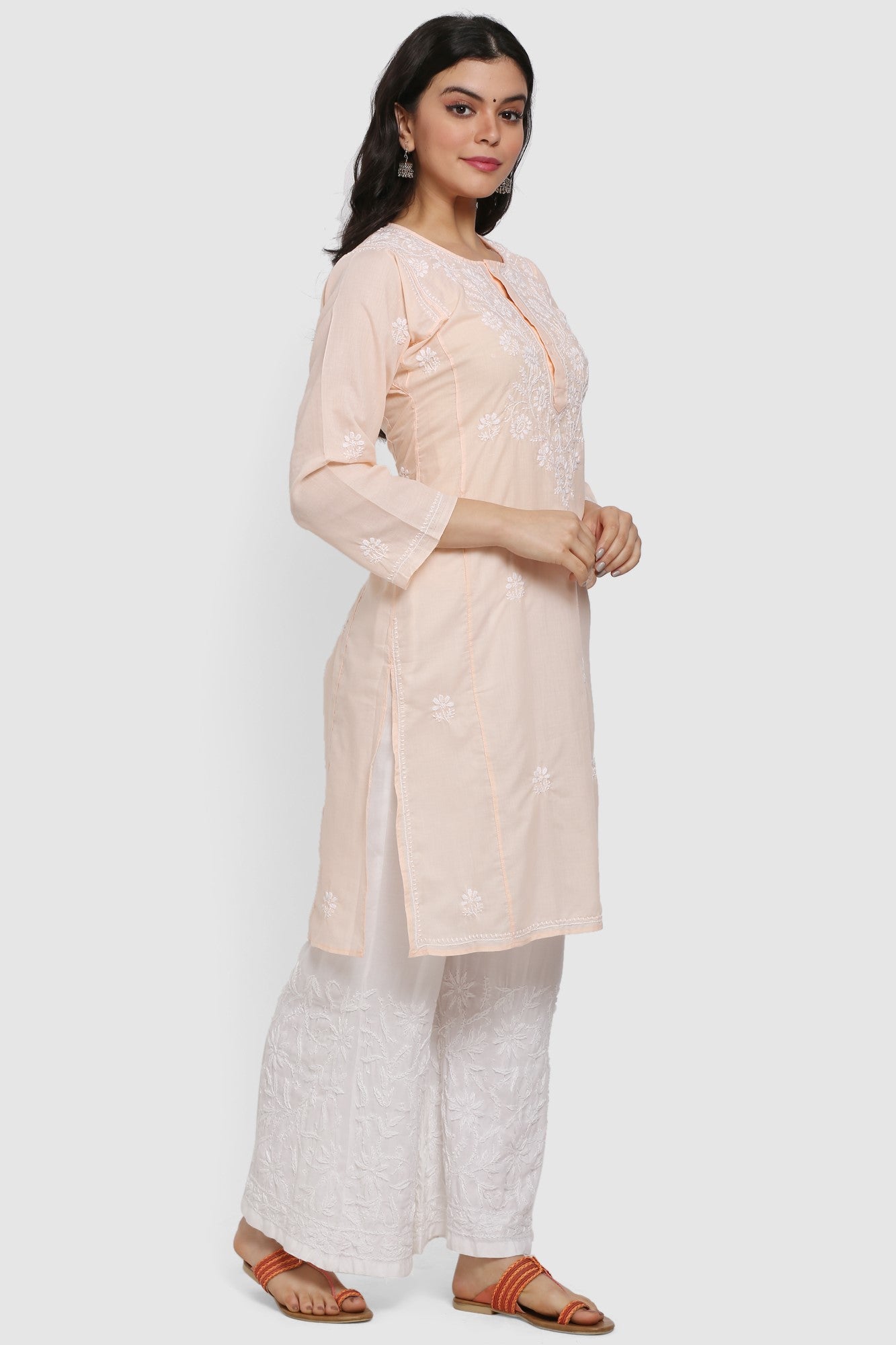 Hand Embroidered Chikankari Cotton Straight Kurta --ALNTV115 Lightpeach