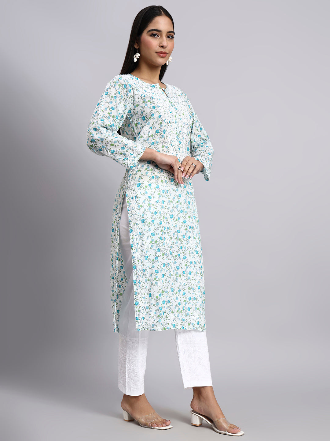 Hand Embroidered Chikankari Cotton Kurta-AL4105 Blue
