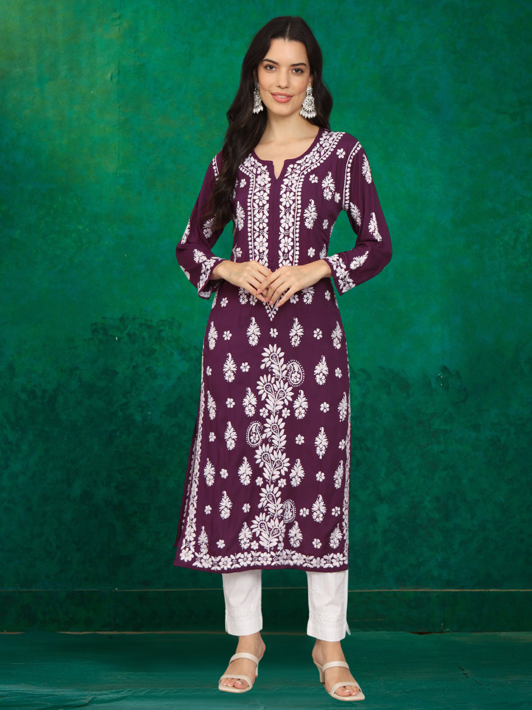 Women Chikankari Hand Embroidered Modal Kurta -AL4042 Purple