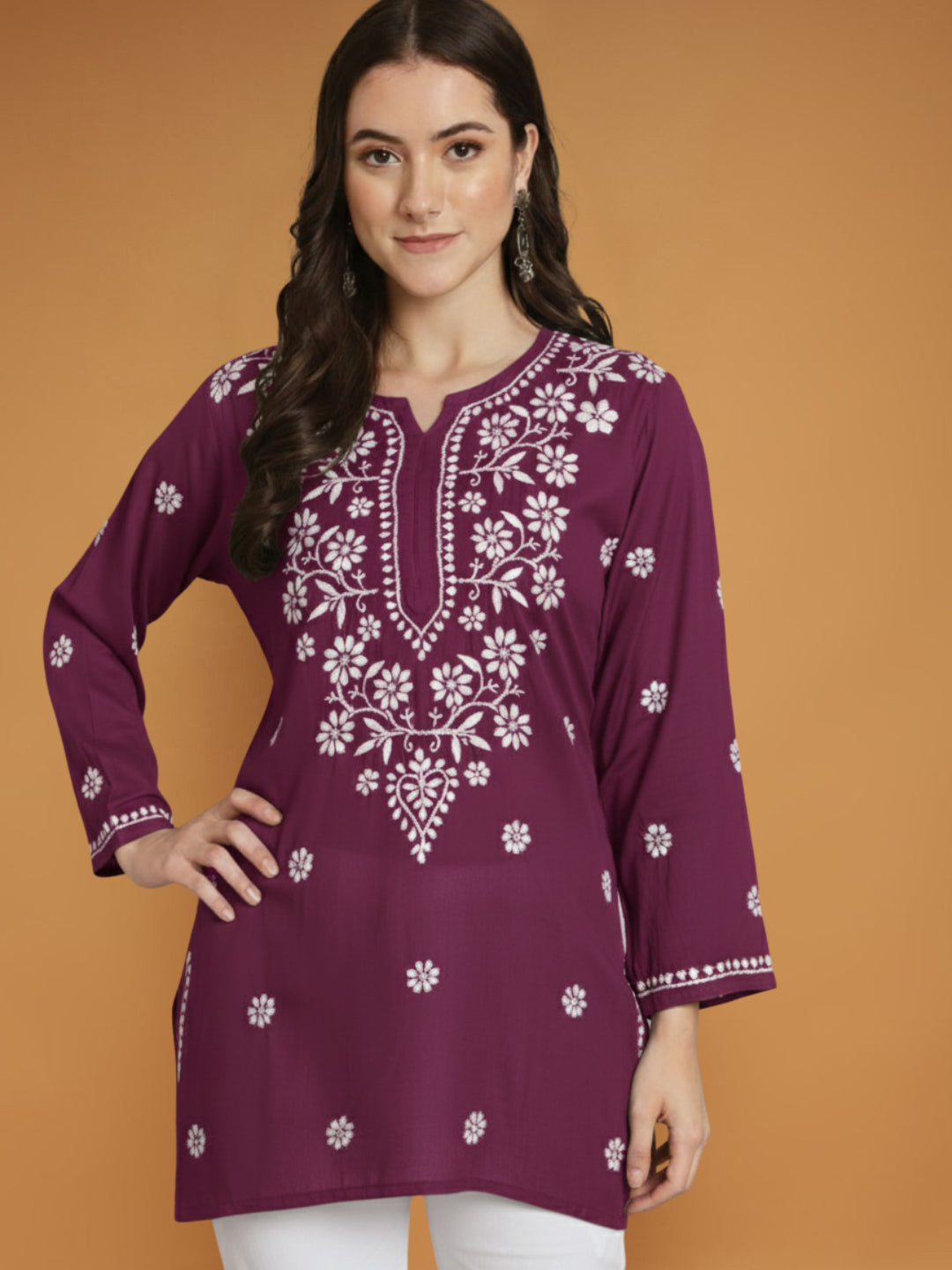 Women Hand Embroidered Modal Chikankari Kurti-AL3611 Burgundy