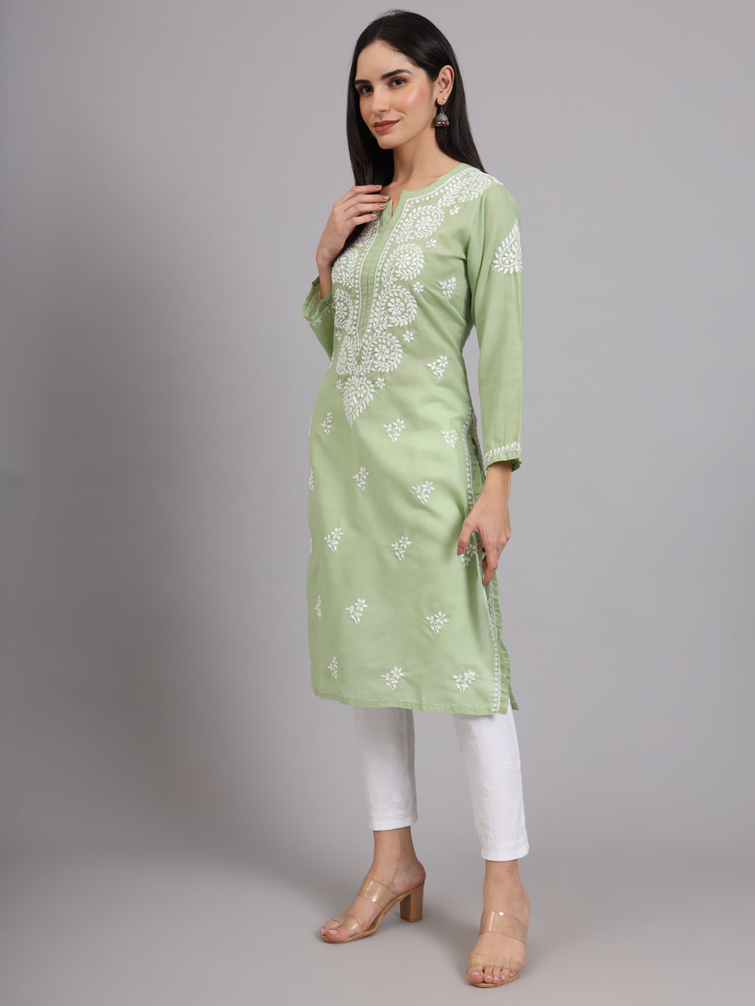 Hand Embroidered Chikankari Cotton Straight Kurta-AL3997 Green