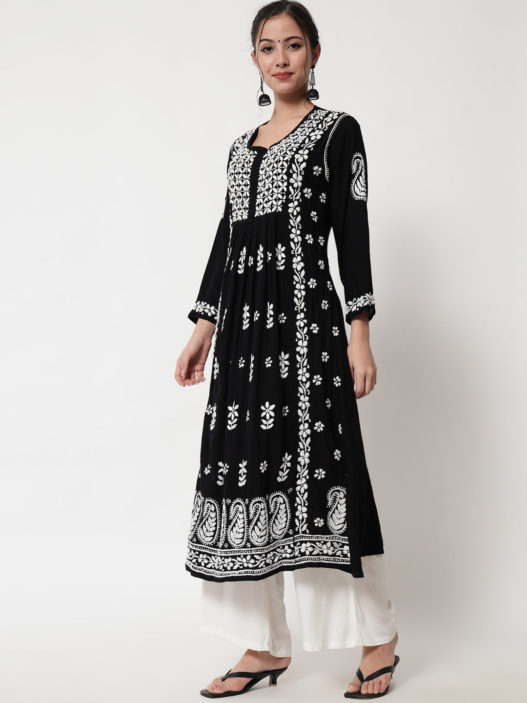 Women Hand Embroidered Chikankari Rayon Kurta-AL3549 Black