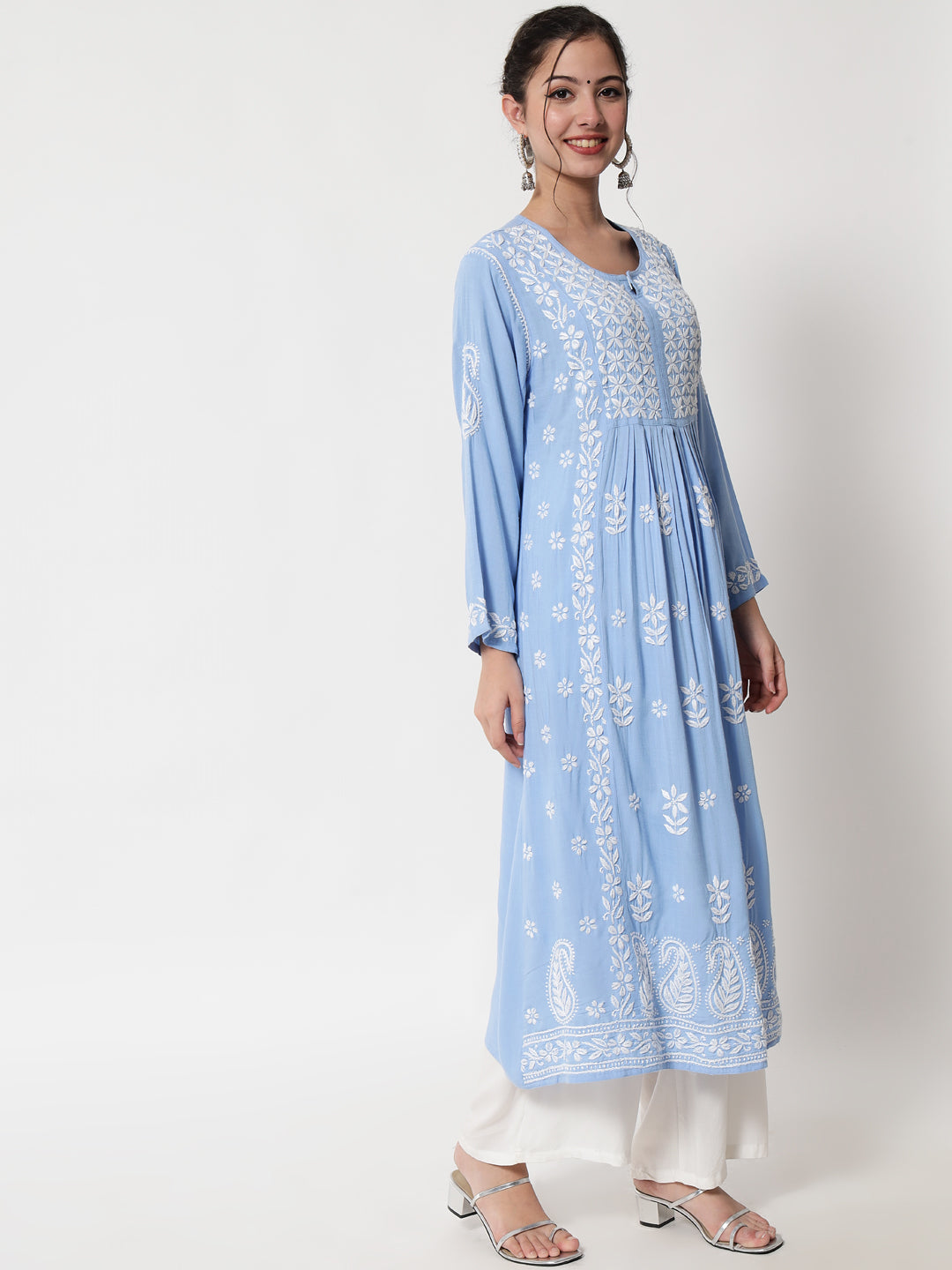 Women Hand Embroidered Chikankari Rayon Kurta-AL3549 Denimblue