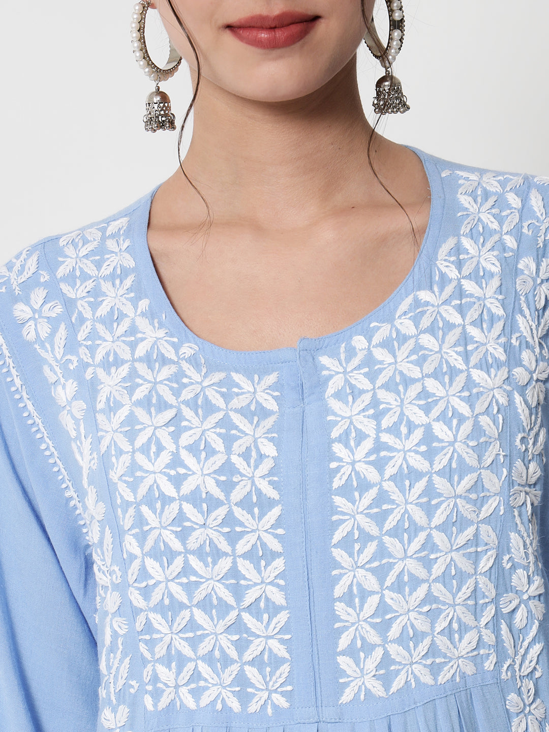 Women Hand Embroidered Chikankari Rayon Kurta-AL3549 Denimblue