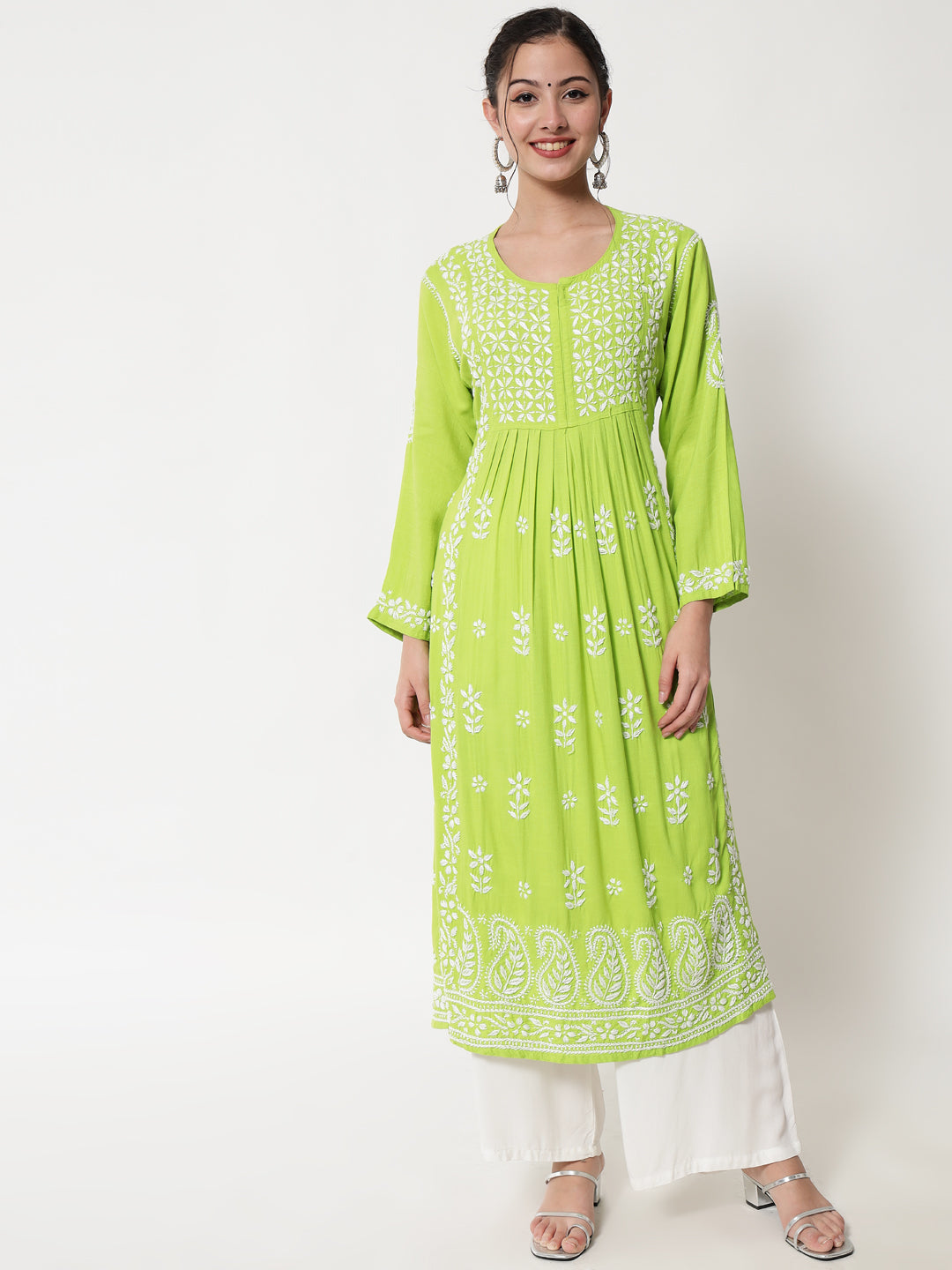 Women Hand Embroidered Chikankari Rayon Kurta-AL3549 Green