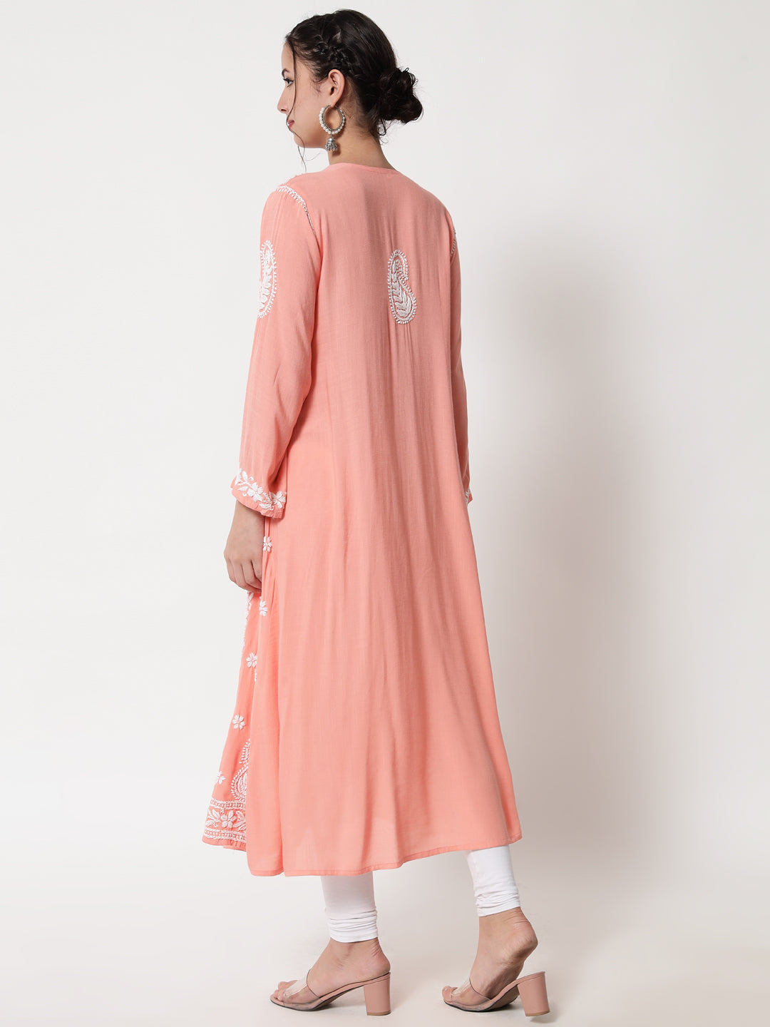 Women Hand Embroidered Chikankari Rayon Kurta-AL3549 Peach