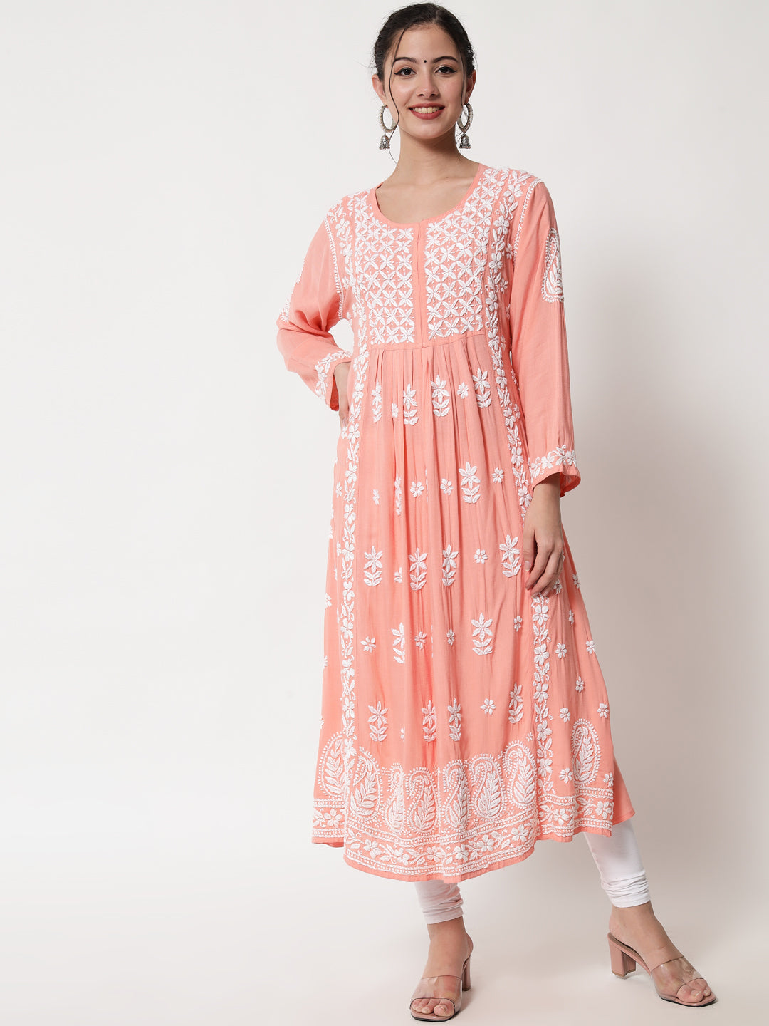 Women Hand Embroidered Chikankari Rayon Kurta-AL3549 Peach