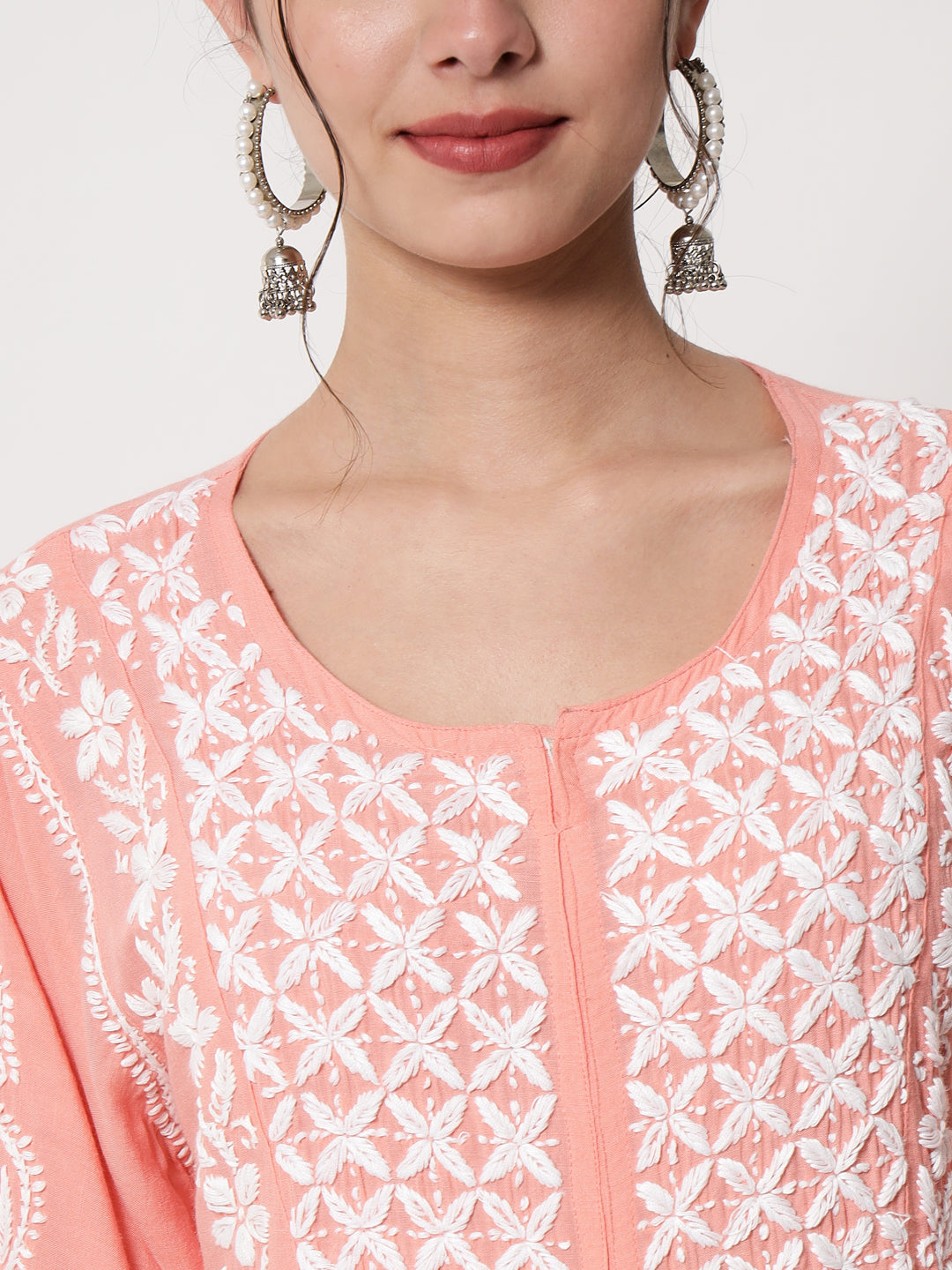 Women Hand Embroidered Chikankari Rayon Kurta-AL3549 Peach