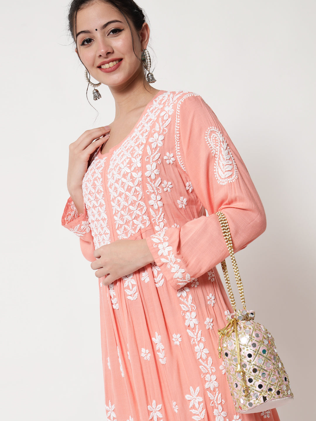Women Hand Embroidered Chikankari Rayon Kurta-AL3549 Peach