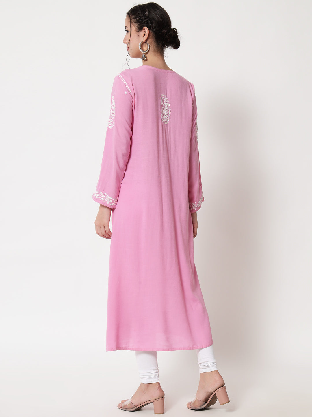 Women Hand Embroidered Chikankari Rayon Kurta-AL3549 Pink