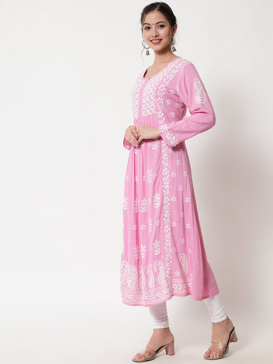 Women Hand Embroidered Chikankari Rayon Kurta-AL3549 Pink