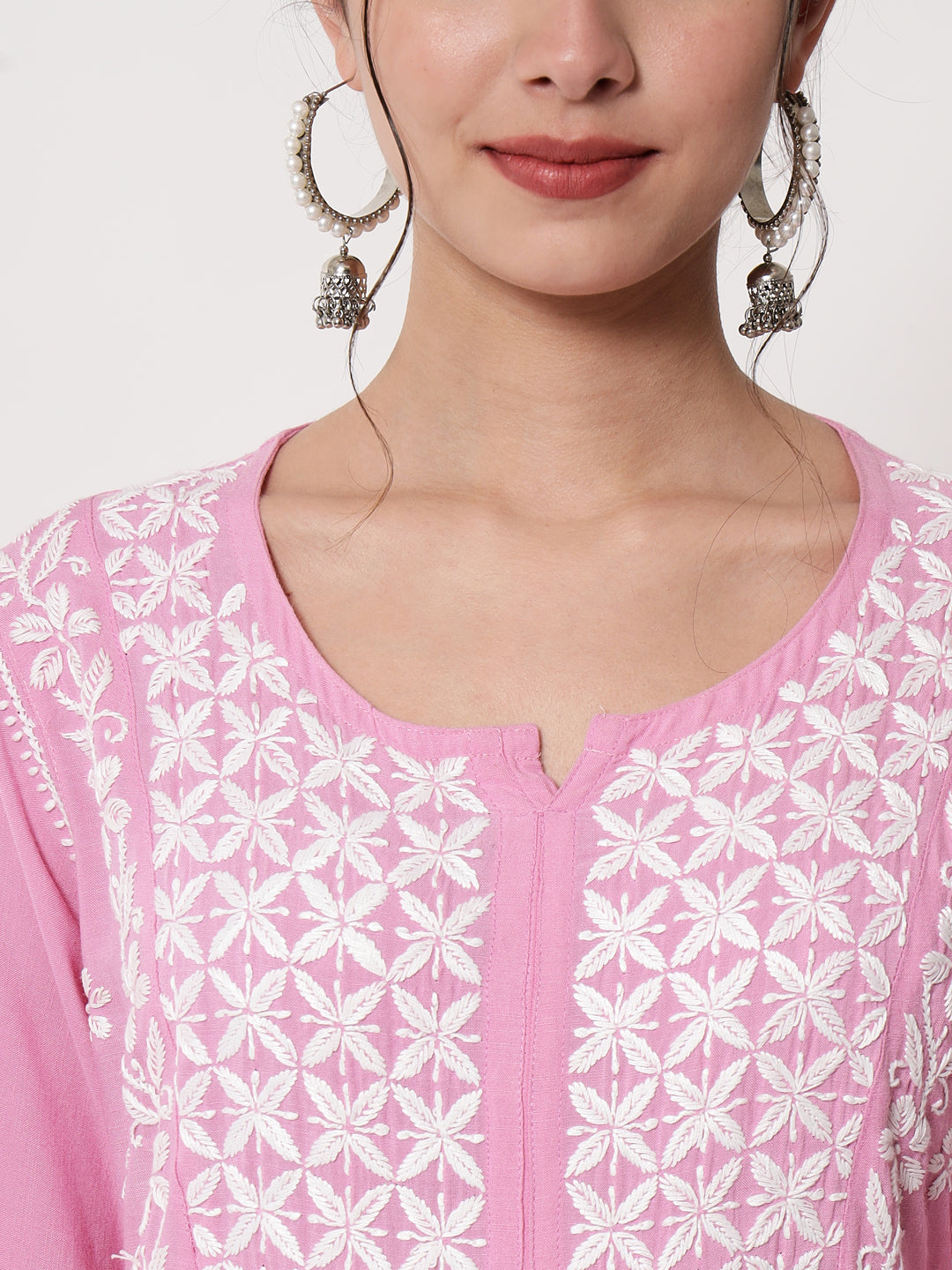 Women Hand Embroidered Chikankari Rayon Kurta-AL3549 Pink