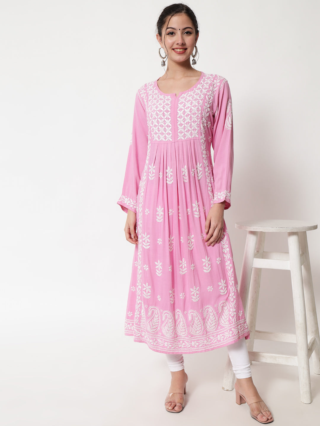Women Hand Embroidered Chikankari Rayon Kurta-AL3549 Pink