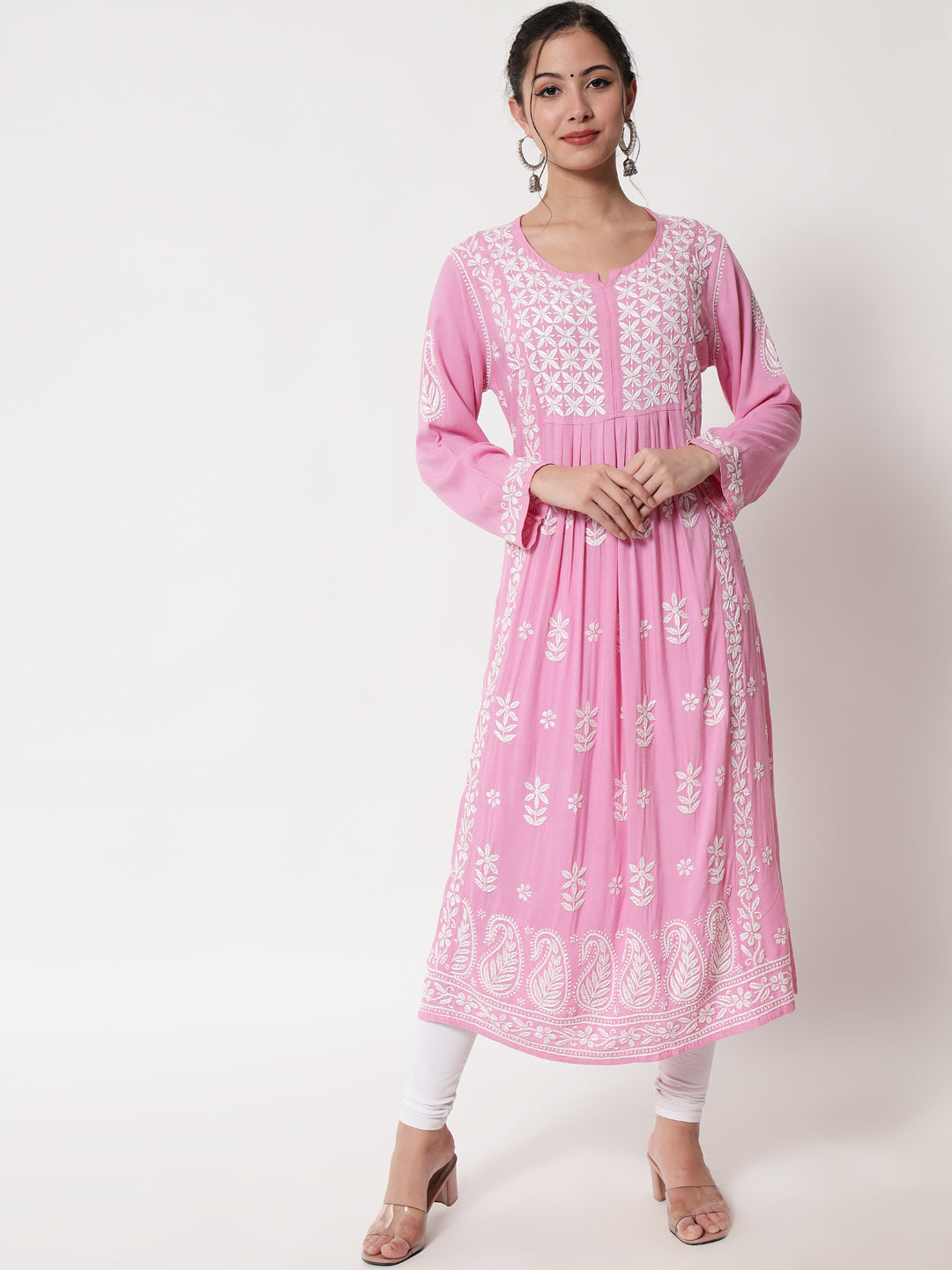 Women Hand Embroidered Chikankari Rayon Kurta-AL3549 Pink