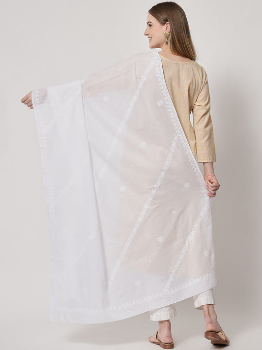 Women Hand Embroidered Mulmul Cotton Chikankari Dupatta-AL3576