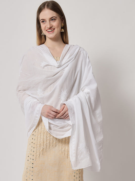 Women Hand Embroidered Mulmul Cotton Chikankari Dupatta-AL3574
