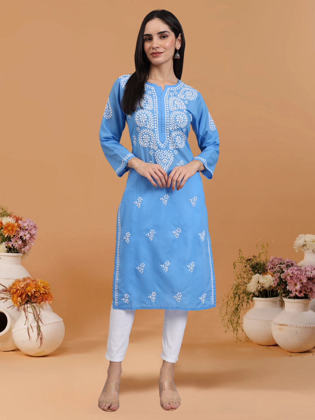 Hand Embroidered Chikankari Cotton Straight Kurta-AL3997 Denim