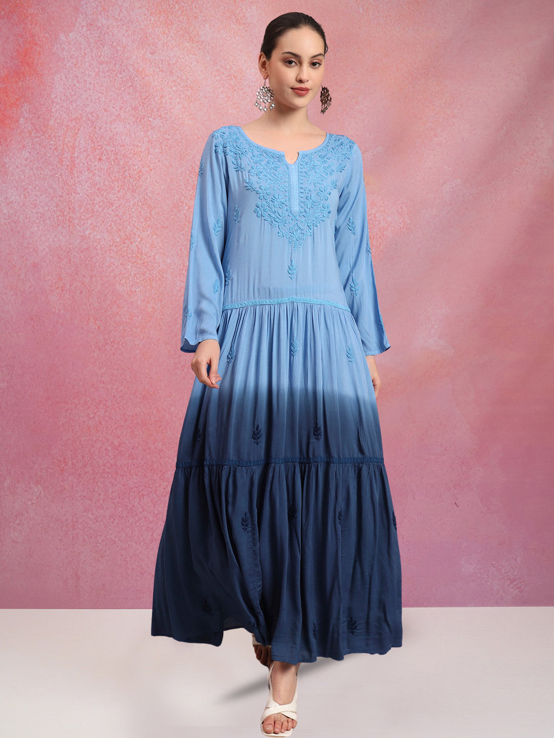 Hand Embroidered Chikankari Modal Ombre Jalabiya-AL4047 Blue