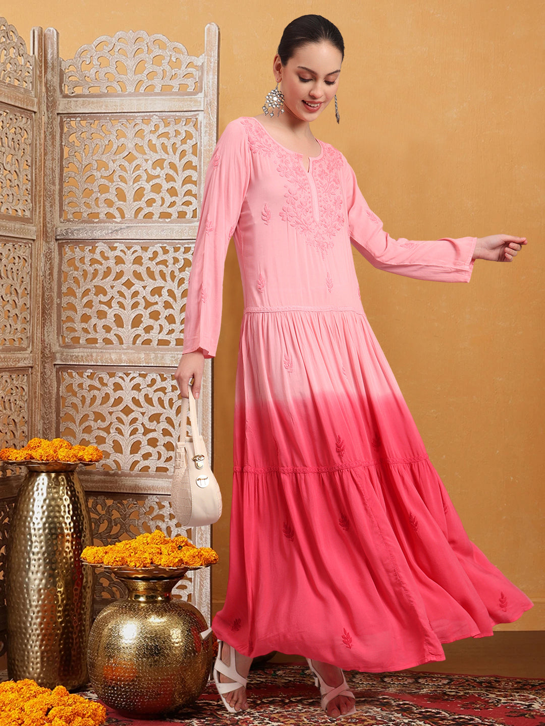 Hand Embroidered Chikankari Modal Ombre Jalabiya-AL4047 Peach