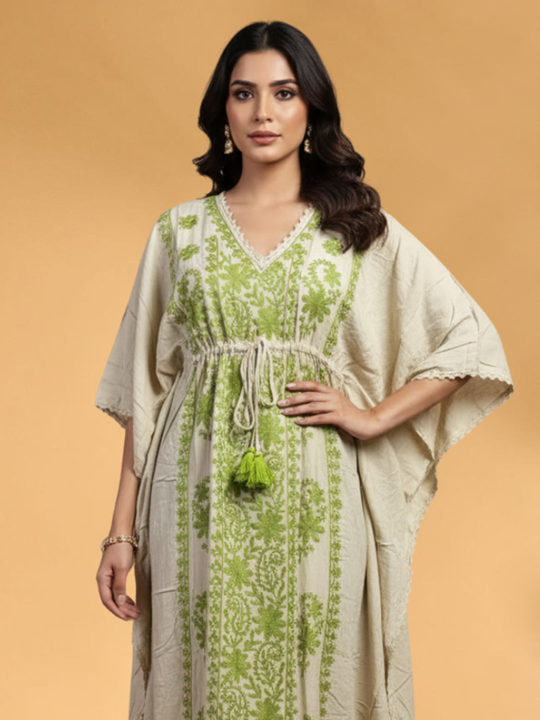 Hand Embroidered Chikankari Rayon Kaftan-AL3475 Green