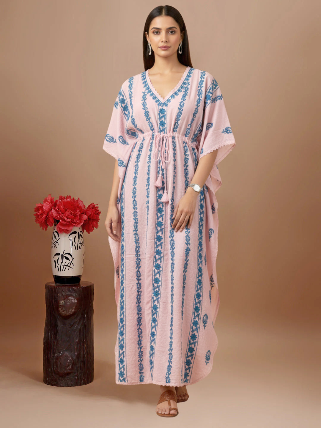 Hand Embroidered Chikankari Rayon Kaftan-AL3474 Turquoise